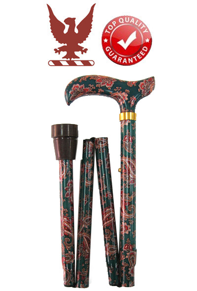 Green Paisley with Pattern in the Handle Folding Walking Stick